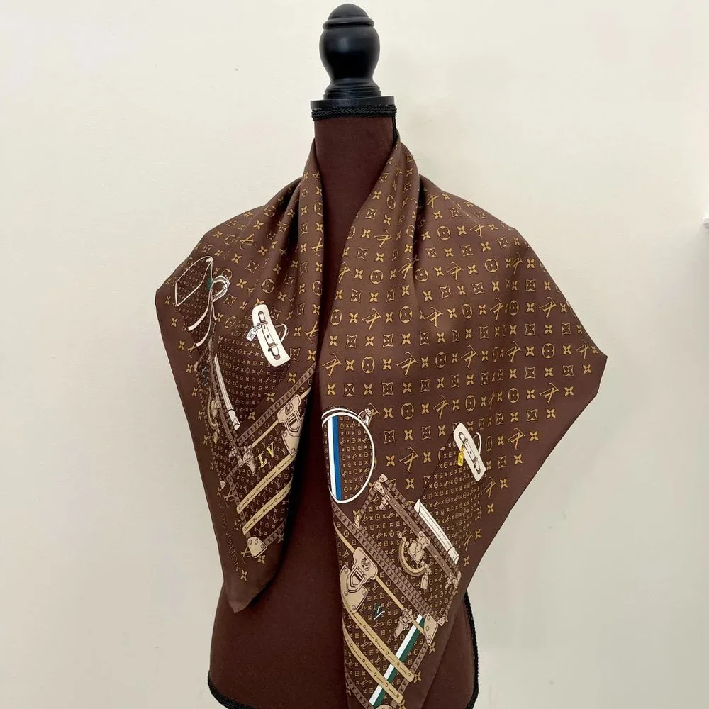 Louis Vuitton Scarf  Travel Trunks Monogram Brown Silk Wrap